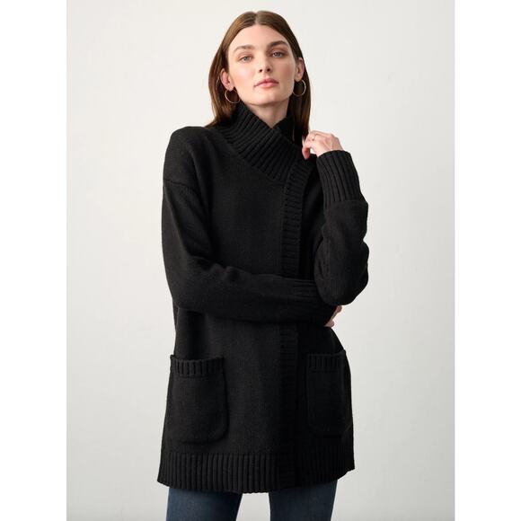 White + Warren Cardigan XS Sweater Black Coatigan Wool Blend Patch Knit - Picture 2 of 8